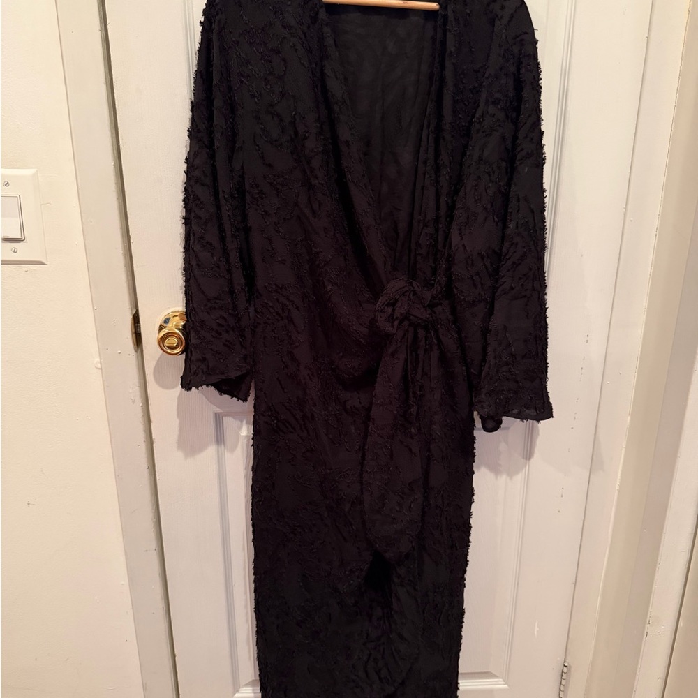 H&M Black Textured Wrap Dress with Self-Tie Waist